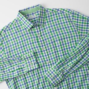 Alex Cannon Men's Long Sleeve Button Up Blue Green‎ Plaid Large